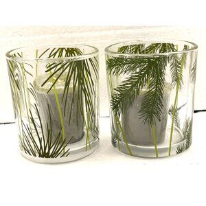 Thymes Frasier Fir Candle Set of 2 Green Pine Needle Glass Votive Holders Décor